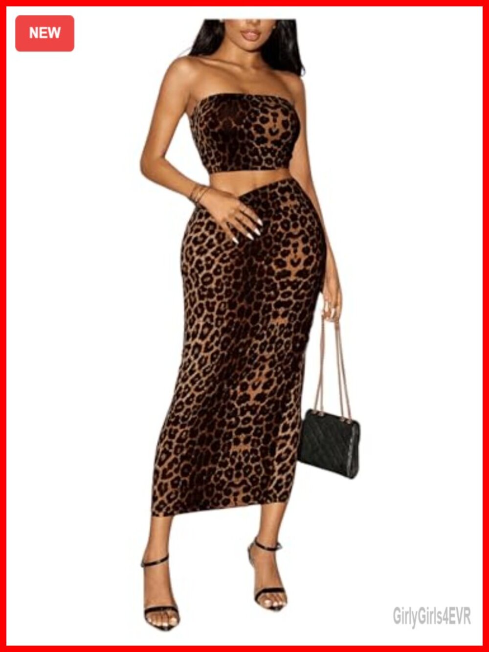 Two Piece Skirt Set Leopard Print Strapless Bodycon Tube Top & Midi Skirt